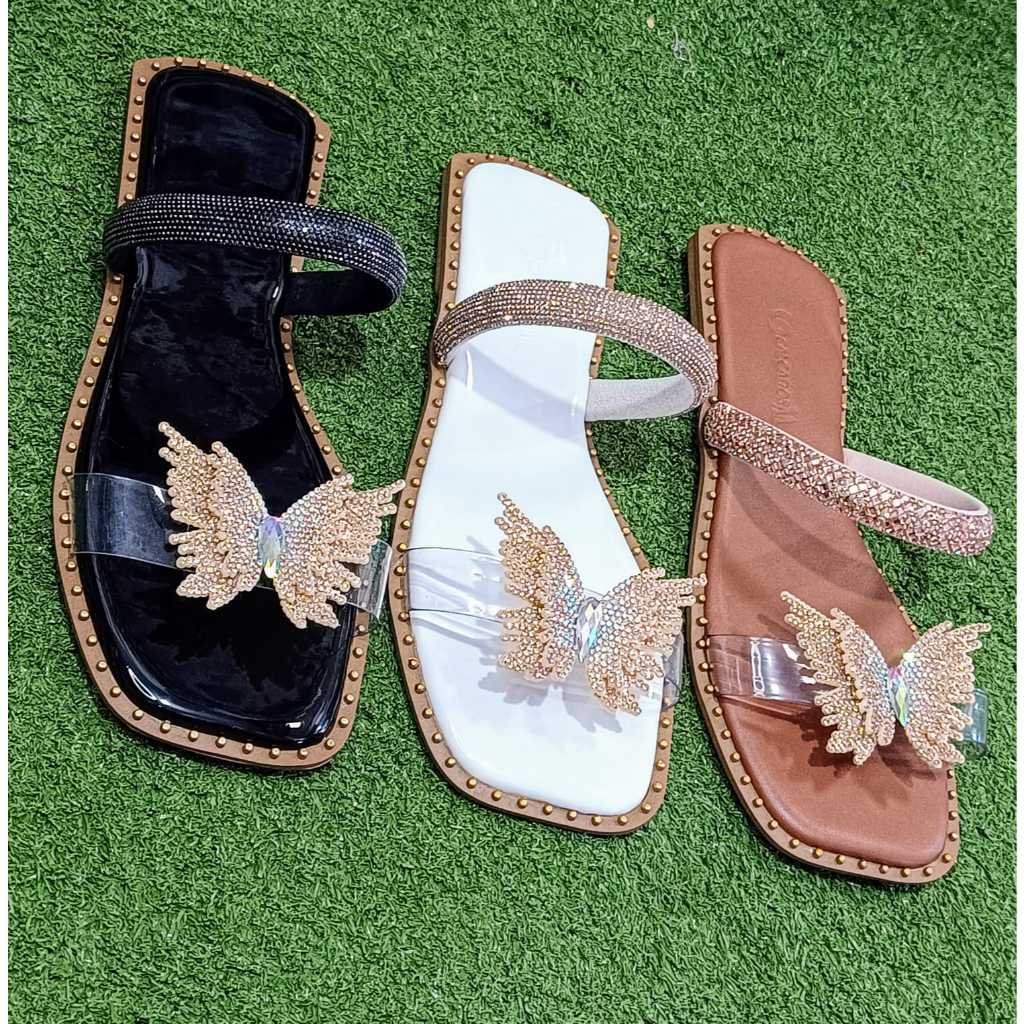 Sandália Rasteira Feminina Borboleta com Strass brilho – 3 Cores Lançamento das blogueiras