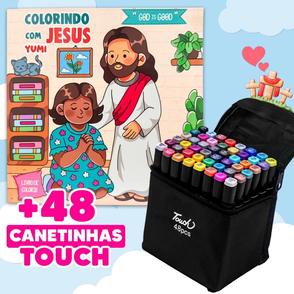 Kit Livro De Colorir Historias Bíblicas Colorindo Com Jesus + 48 Canetinhas Bobbie Touch Ponta Dupla
