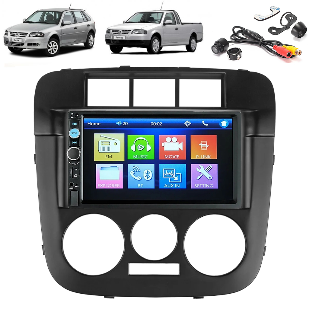 Kit Central Multimídia Mp5 7pol Bluetooth Gol Saveiro Parati G4 + Moldura 2 Din + Câmera de Ré