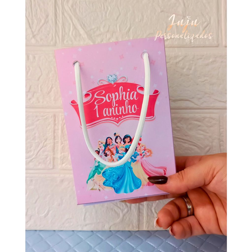 Sacolinha Pegue e Monte Personalizada para Lembrancinhas de Festa Infantil - Tema Princesas da Disney