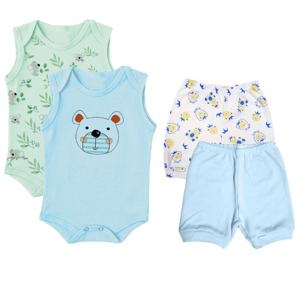 Kit Roupinhas de Bebê 4 Peças Body Regata Estampado e Shorts