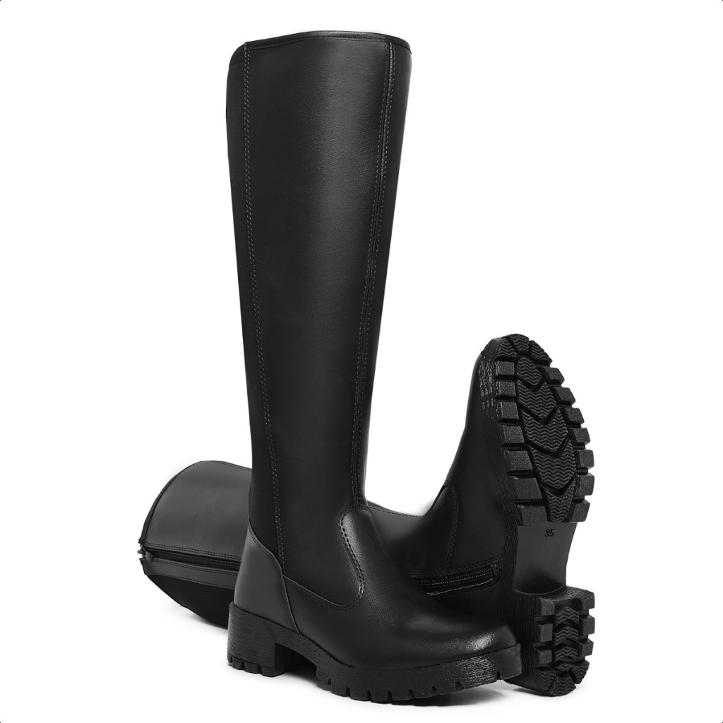 Bota Cano Longo Feminina Panturrilha Grossa Plus Size com Elástico Confortável Preta