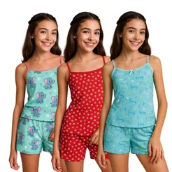 Kit 3 com Pijamas em Poliéster Estampado Infantil Baby Dool Roupa de Dormir Conforto para as Meninas.
