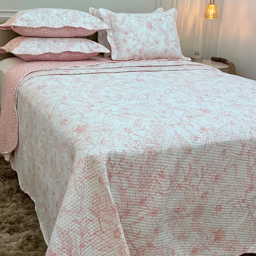 Kit Colcha Cobre Leito Casal King 3 Peças Estampada Florida Matelado Dupla Face Percal Cam...