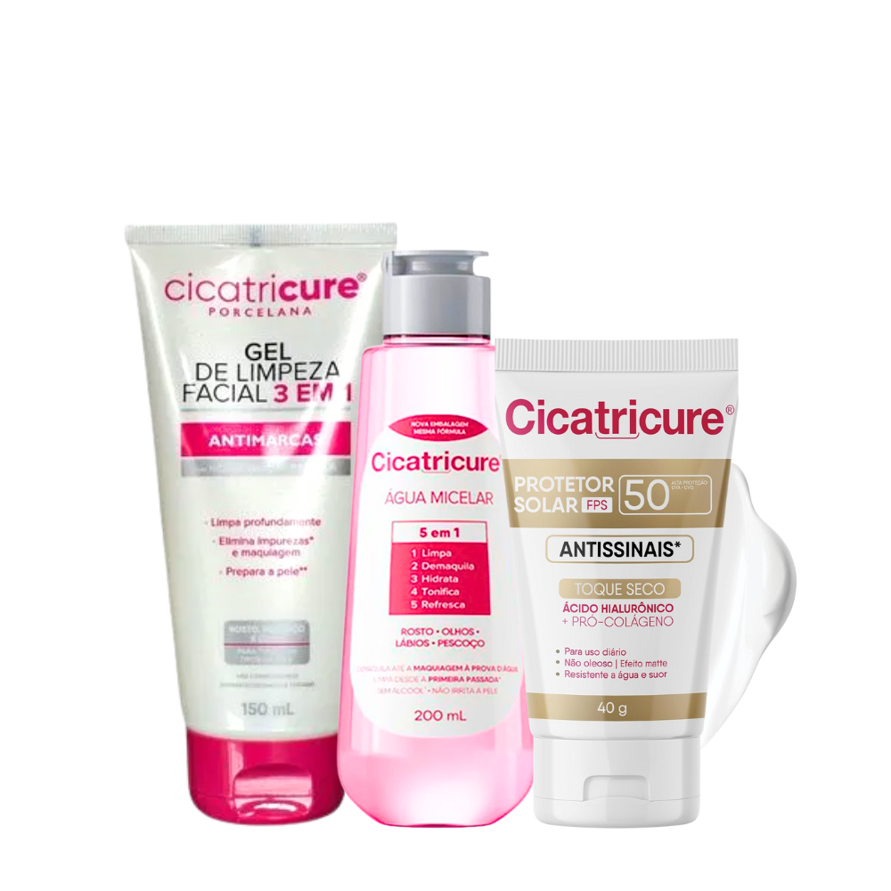 Kit Sabonete Facial + Água Micelar + Filtro Solar FPS 50 Sem Cor Colágeno Antissinais