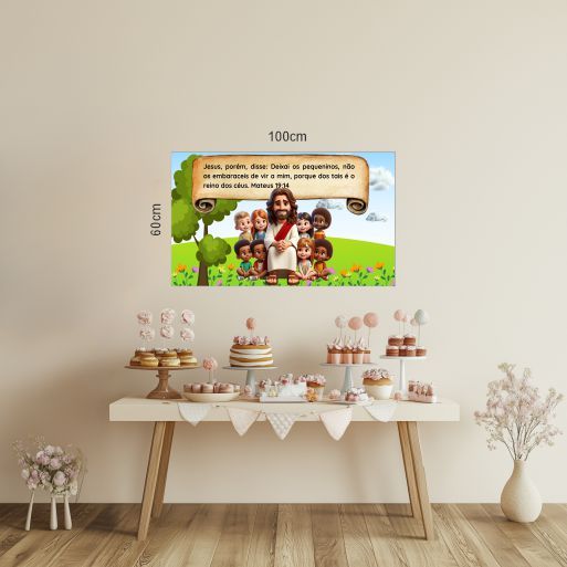 Detalhes do Painel Jesus crianças - mateus 19:14 retangular de lona para decoração de festa de aniversário infantil. Várias medidas.