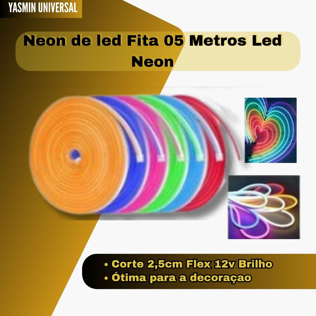 Neon de led Fita 05 Metros Led Neon Silicone Corte 2,5cm Flex 12v Brilho
