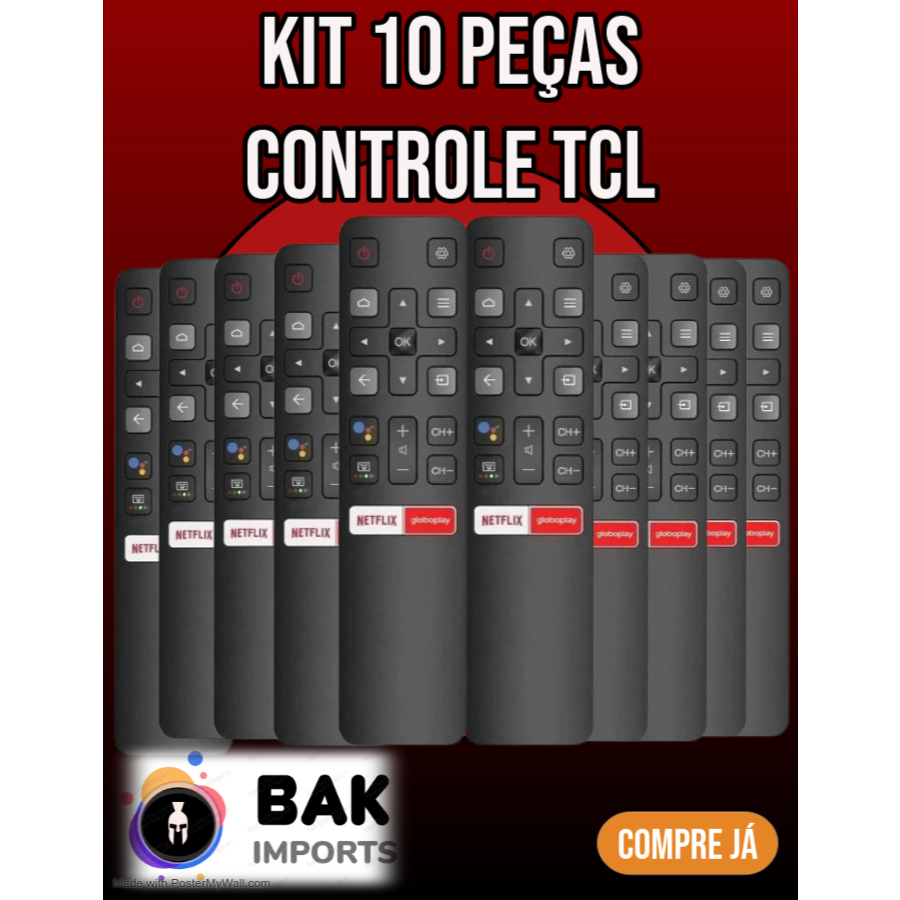 Kit 10 peças de Controle Remoto Compatível com TCL Smart Netflix GloboPlay