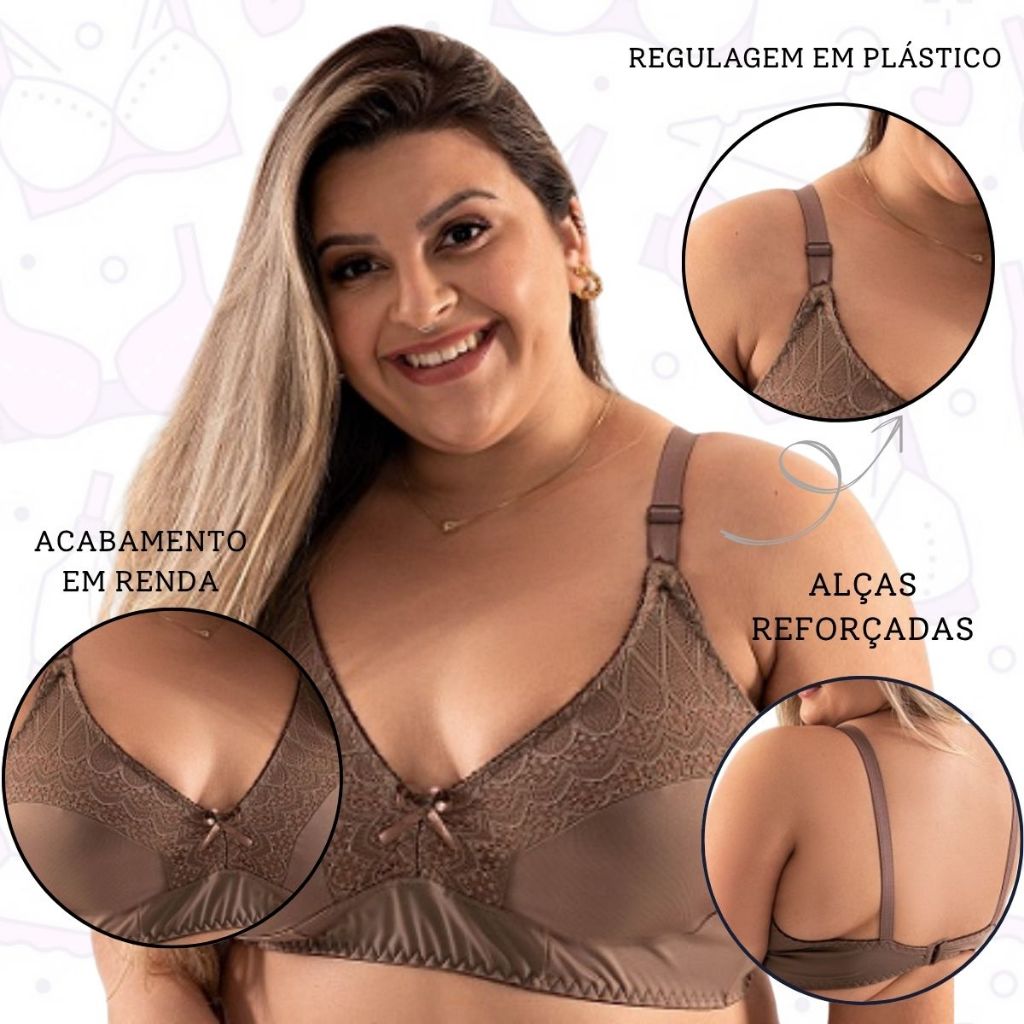 Sutiã Com Renda Sem Bojo Feminina Lingerie Soutien Plus Size Reforçado Sustentação Alça Regulável