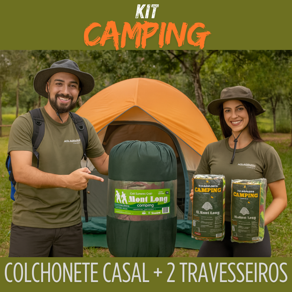 Kit Colchonete Casal Camping Acampamento + 2 Travesseiros Camping Viagem Pescaria Dobrável Compacto