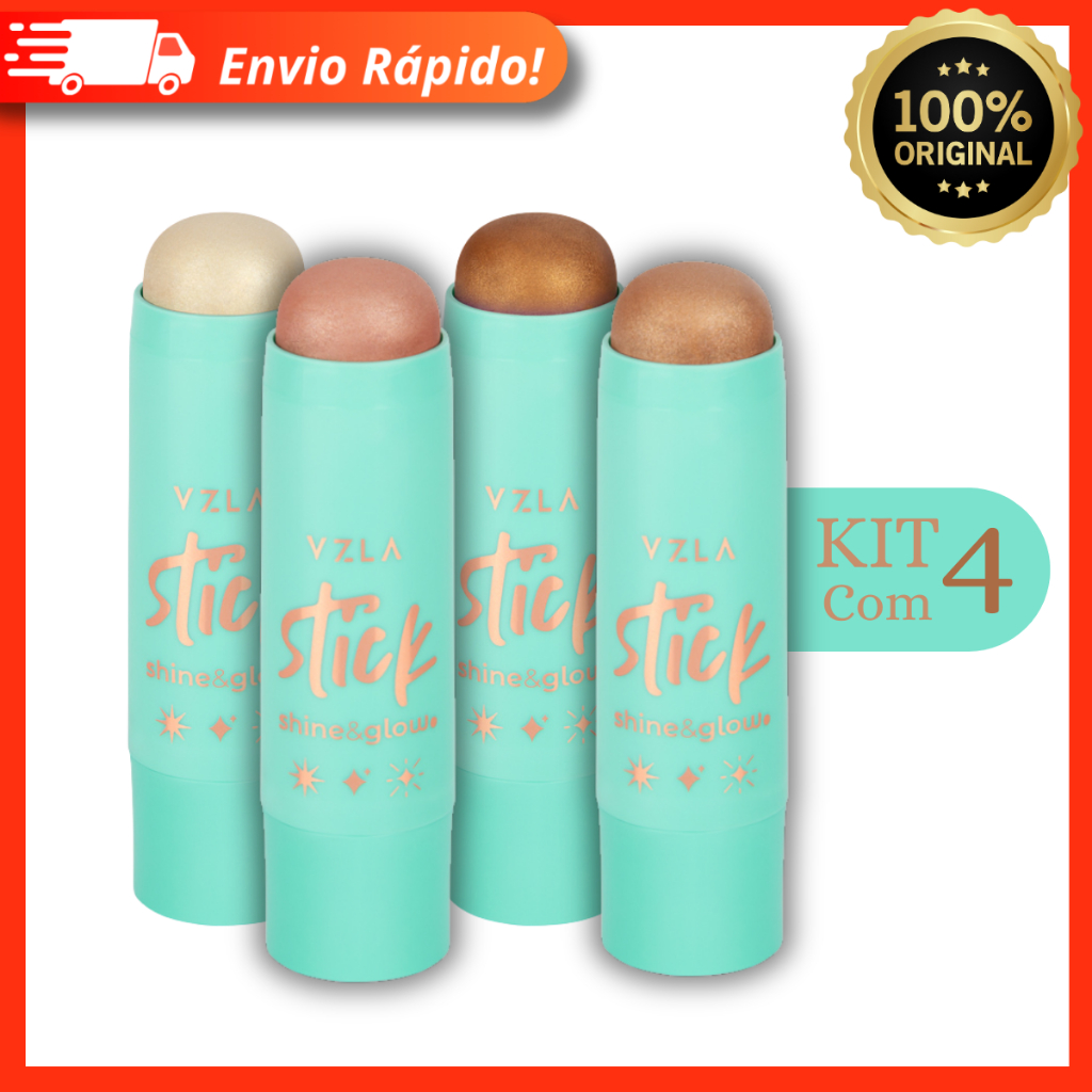 Kit 4 Iluminador em Stick Vizzela Shine e Glow 7g - Pele Radiante em Segundos