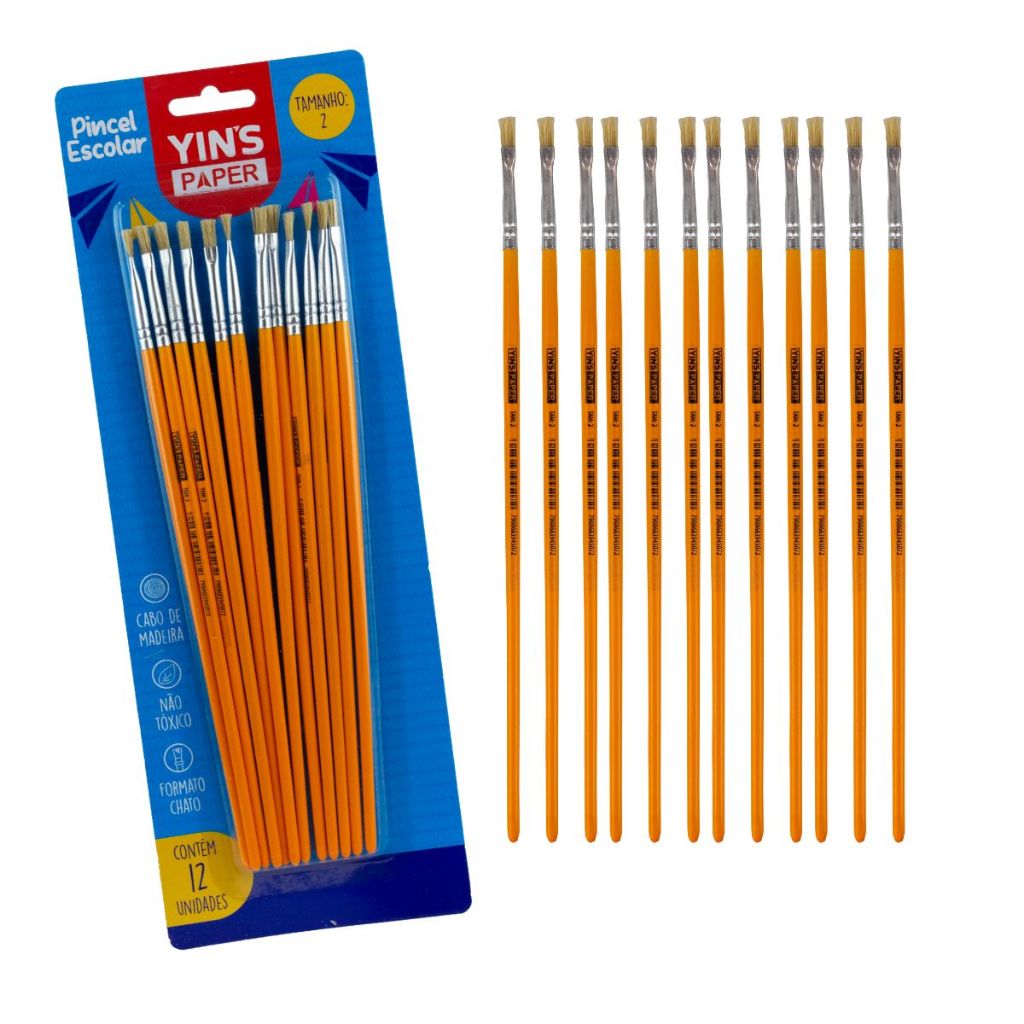 Kit com 12 Unidades Pincel Escolar Chato Nº 0, 2, 4, 6, 8, 10, 12, 14 Amarelo Yins Paper