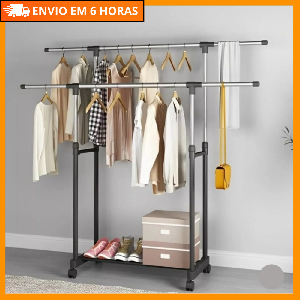 Arara Dupla de Roupa em Aço Inox Cabideiro Sapateira Quarto Resistente com Rodinha Multiuso Mais de 30 Cabides