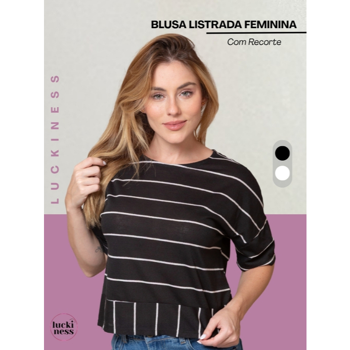 Blusa Feminina Listrada Casual Tendência 2026 Tecido Macio Viscose e Elastano Leve Moderna Elegante