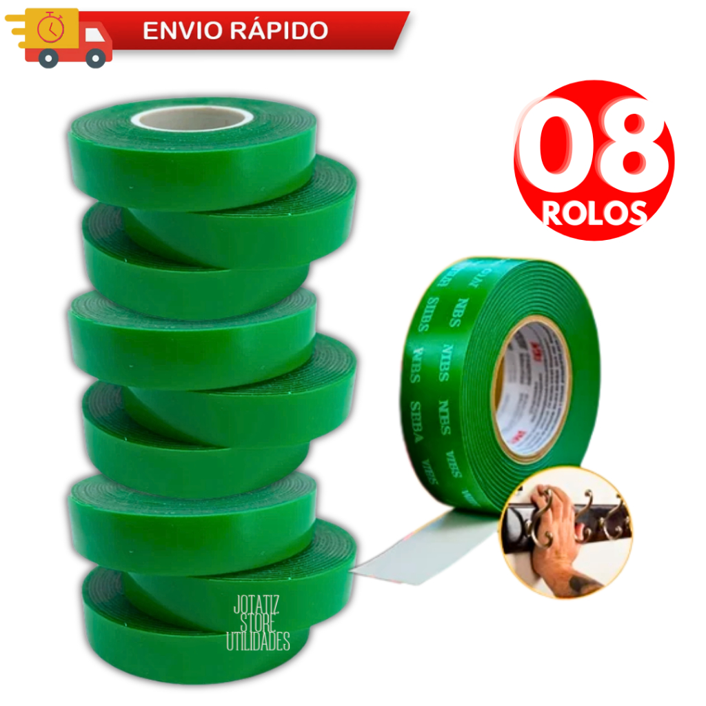 Fita Dupla Face 08/ 04/ 02 Kit Rolos 2M - Dupla Face Para Parede - Fita Adesiva Fixa Extra Forte Transparente
