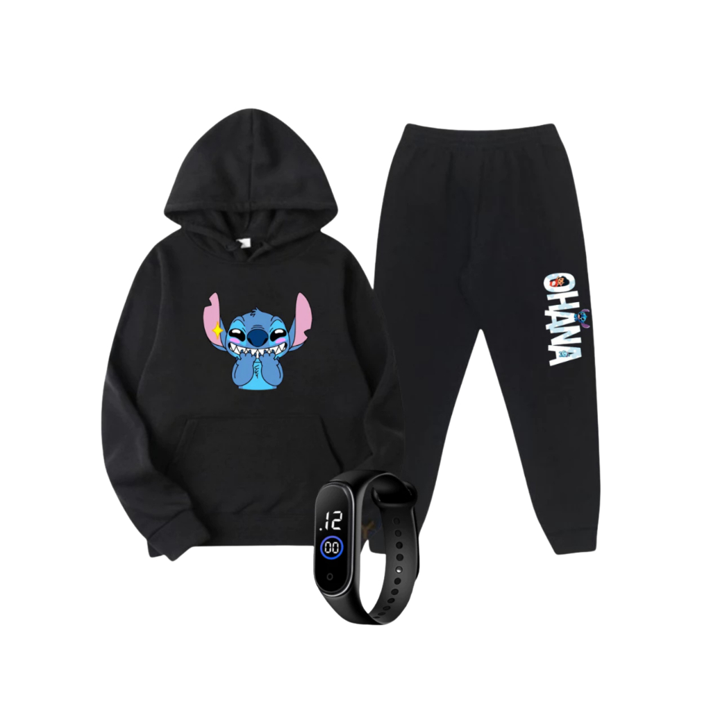 Kit Moletom Infantil Calça e Blusa Lilo & Stitch com Relógio de Led