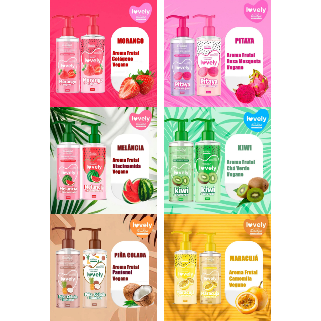 Kit Spa Corporal Lovely Frutas – Esfoliante + Sabonete + Hidratante + Body Splash Face Beautiful