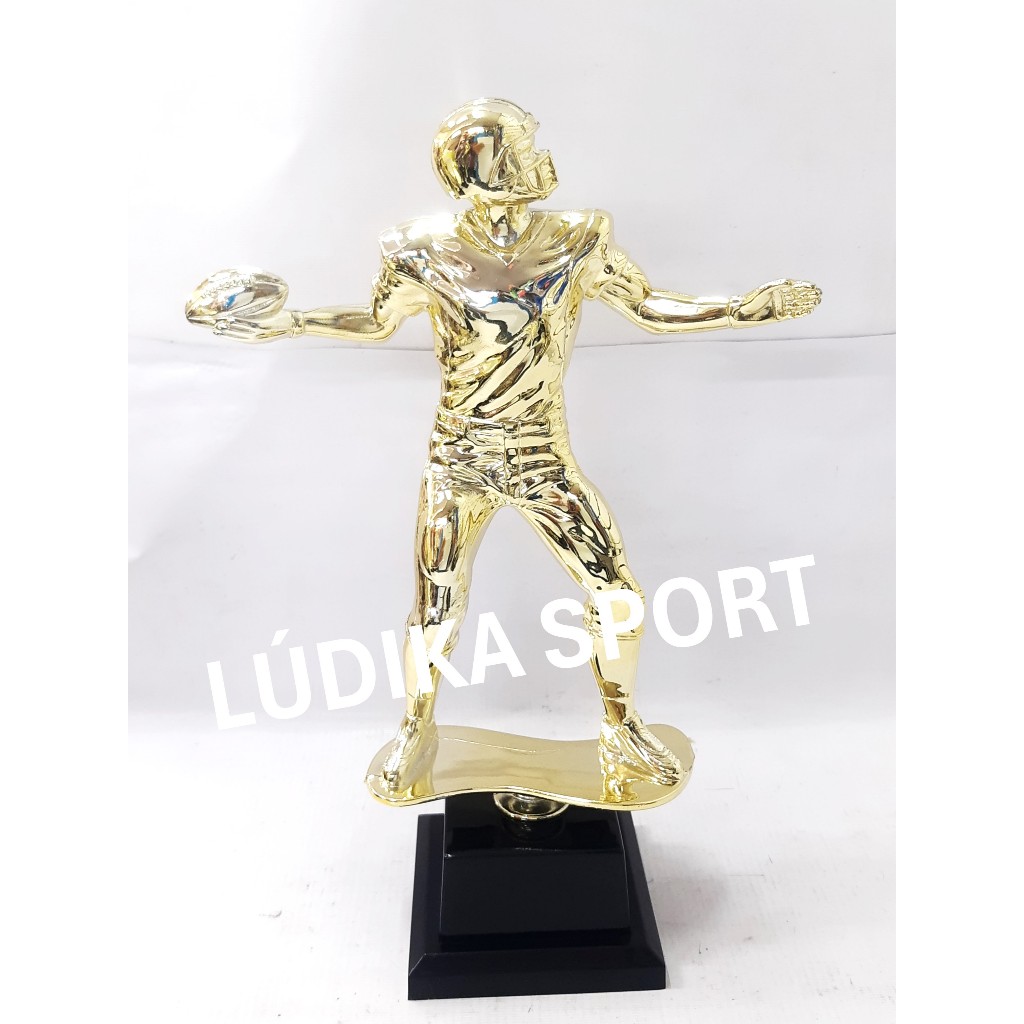 Troféu Futebol Americano Jogador Quarterback Ouro 36cm BV7 {Personalizo} Bola Oval Luva Capacete