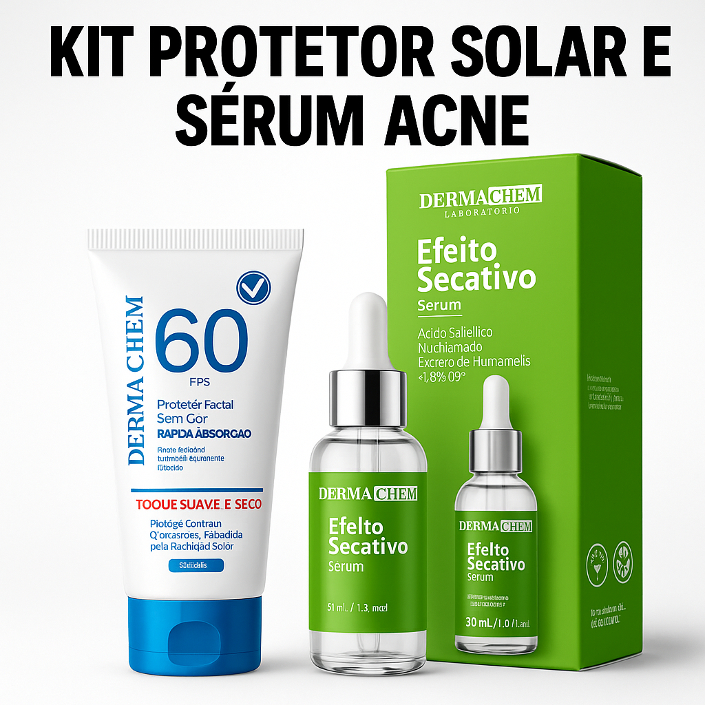 Kit Skin Care Anti Acne Protetor Solar Facial FPS 60 + Sérum Facial Efeito Secativo Controle da Acne
