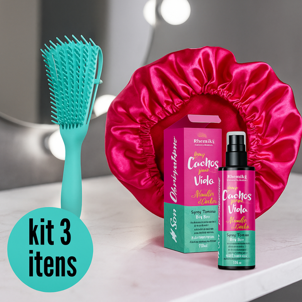 Kit de Cabelo Cacheado Crespo: Touca de Cetim/Escova Polvo/Spray Ativador de Cachos Protetor Térmico