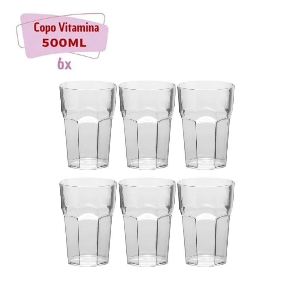 Kit 6 Copo de Acrílico resistente 500ml transparente Vitaminas