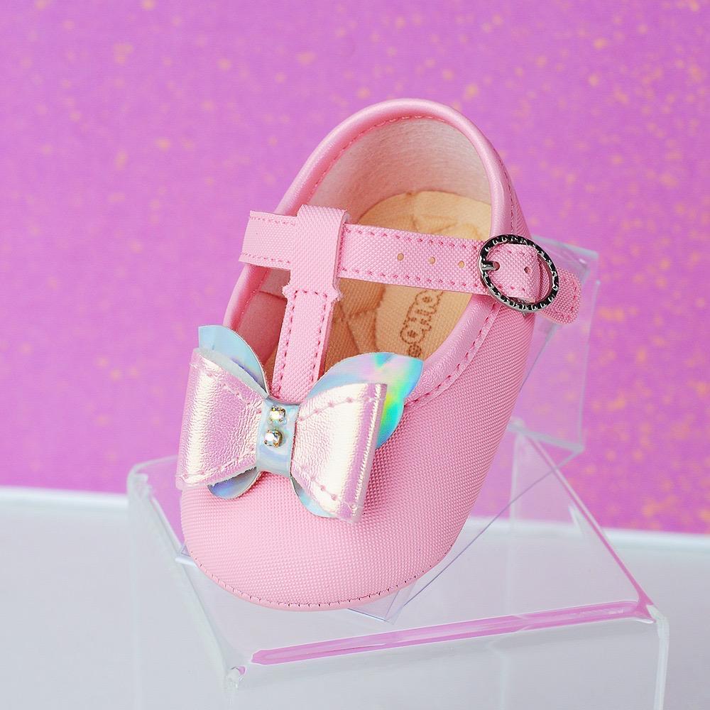 Sapatilha para Bebê Menina Rosa com Laço Holográfico Pimpolho e Fivela