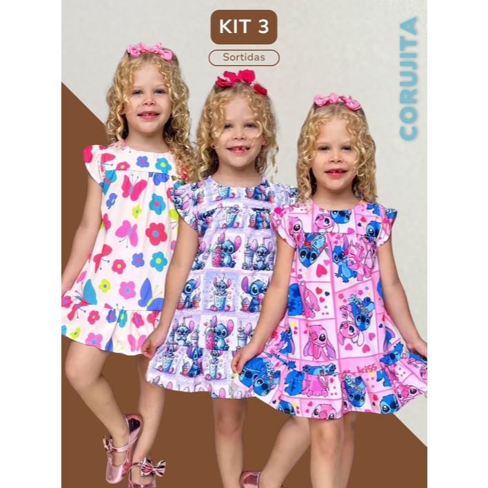 Vestidos Infantis Trapézio Princesa Kit 3 Unidades Verao Casual Menina Criança Festa Casual Juvenil