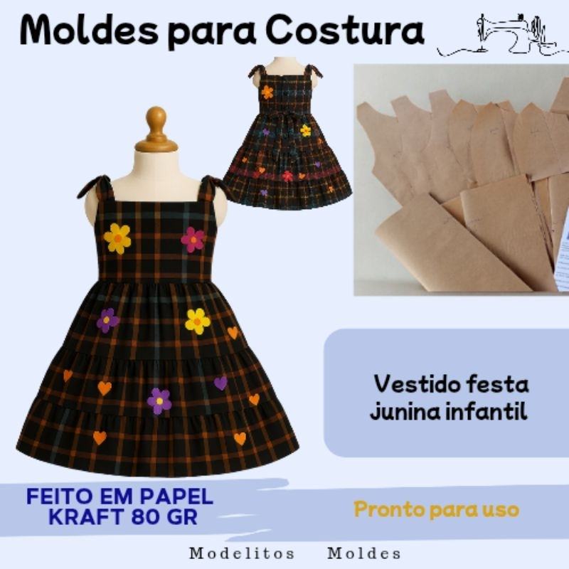Molde vestido de festa junina infantil 5532 em Oferta na Shopee