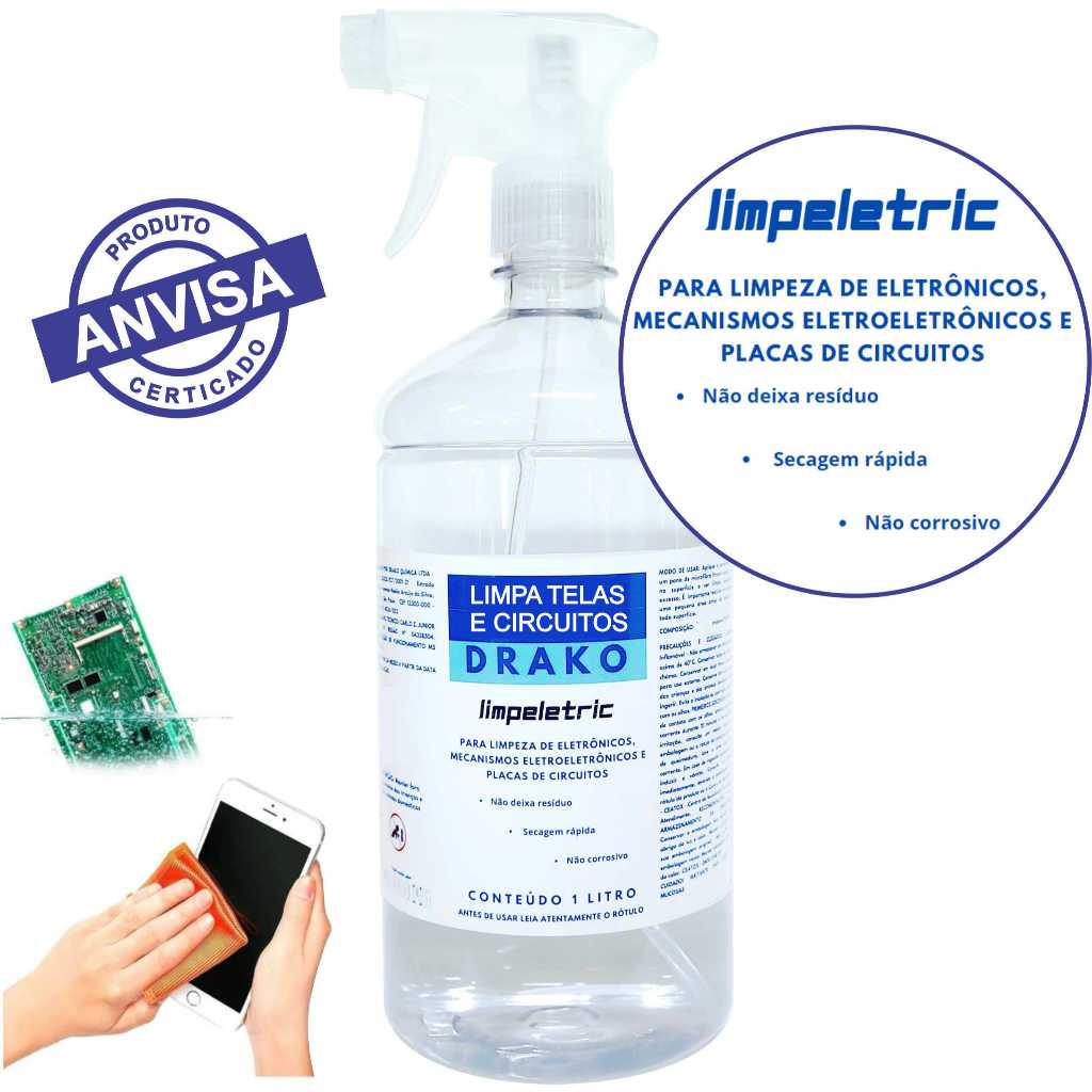 Limpeletric 99,8% Drako Solução Limpa telas tv notebook placas circuitos celular em Oferta na Shopee