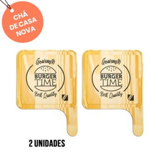 PROMOÇÃO 4.4  KIT 2 Tábuas de  Madeira Natural "Burguer Time" para Hamburguer, Petiscos em Oferta na Shopee