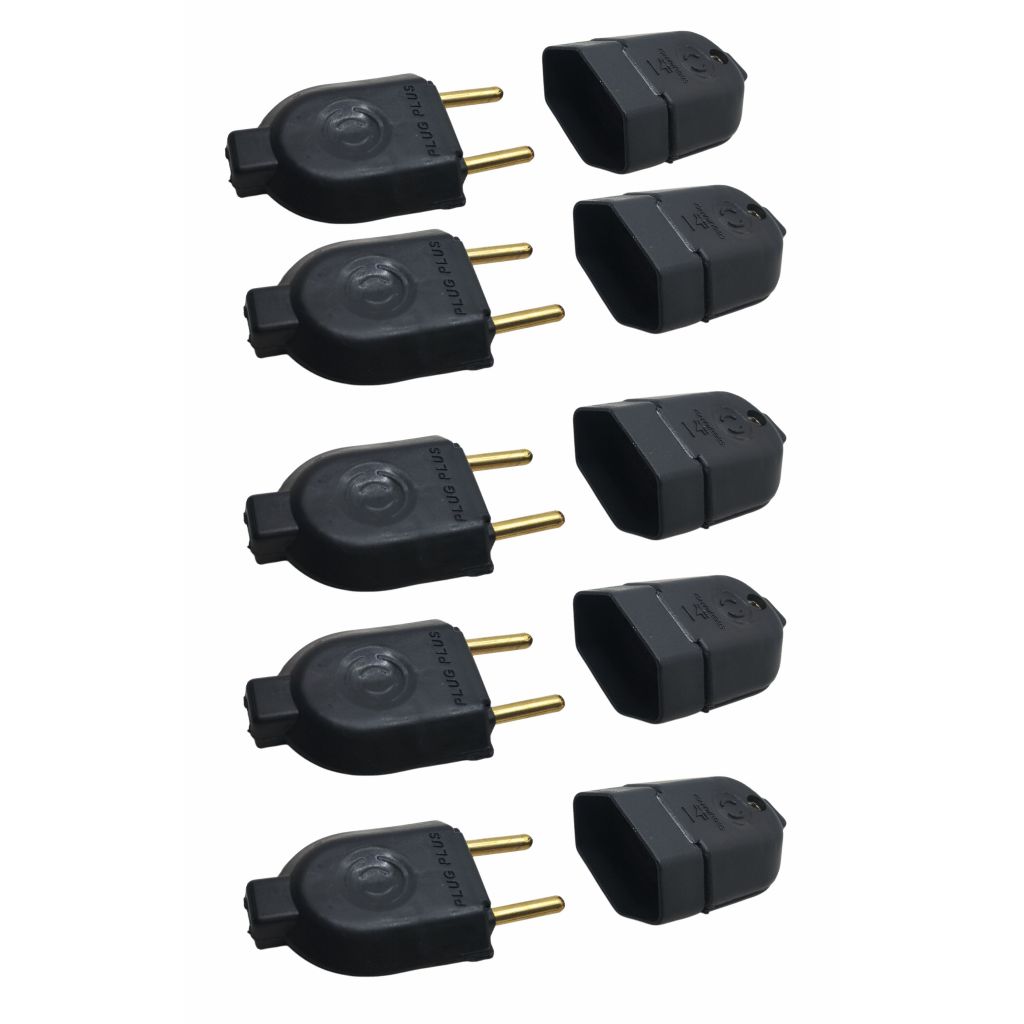 Kit 5 Plugue Pino Macho 10a 2p + 5 Tomada Fêmea 10a Preto PlugPlus