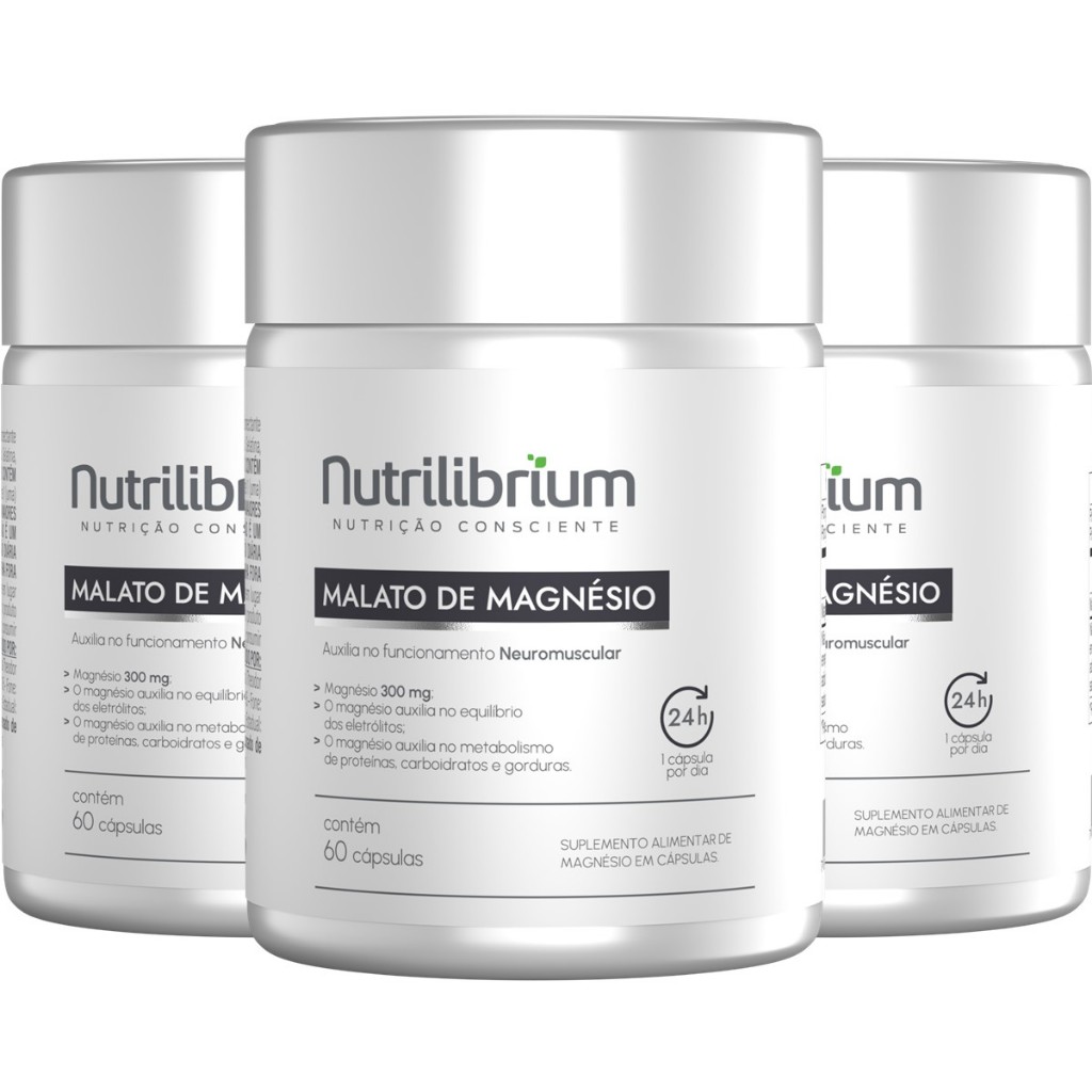 3x Magnésio Malato Total 180 Cápsulas 300mg Nutrilibrium
