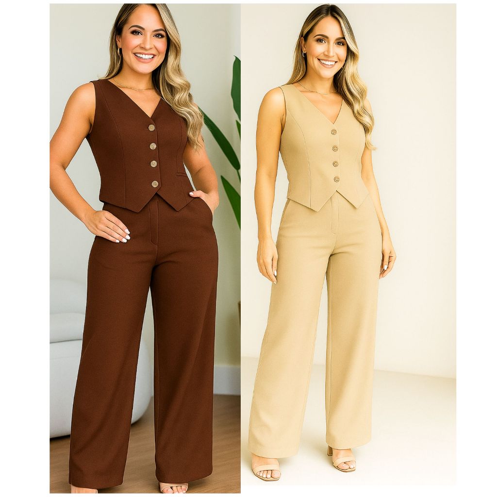 CONJUNTO  FEMENINA  EN ALAFATARIA  LOOK COMPLETO COLETE E CALÇA 2025 em Oferta na Shopee