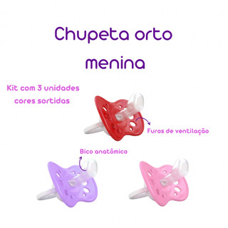 Kit Chupetas ventilada anatômica bico ortodôntico Cores Sortidas KIT COM 3 UNIDADES chupeta Mamita