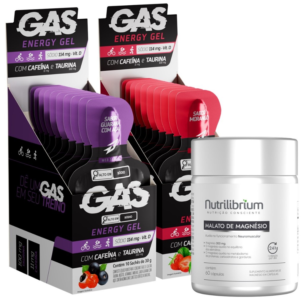 Kit 2x Gas Energy Gel Energético 20 Sachês + Malato De Magnésio 60 caps - Health