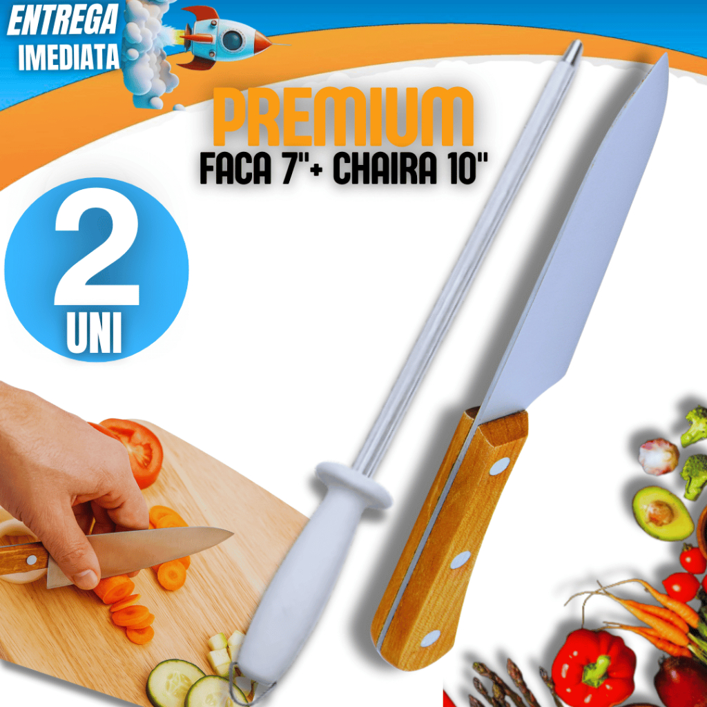 Kit 2 Peças 1 Faca Cabo de Madeira 7" -  1 Chaira 10" polegadas Carne Churrasco Variáveis Utilidades Afiador Inox