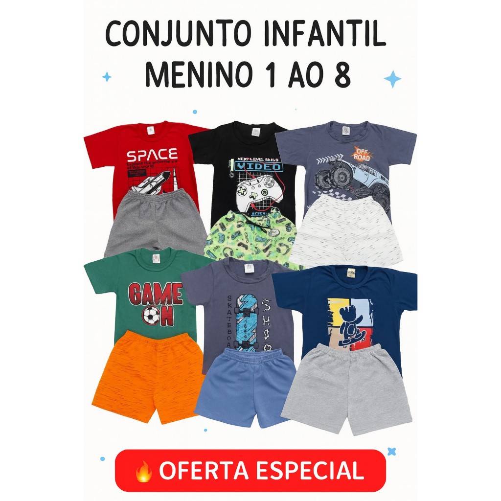 Kit Sortido 10 Peças Infantil Menino – 5 Camisetas + 5 Shorts – Kit 5 Conjuntos Roupas de Verão | TAM 1 ao 8