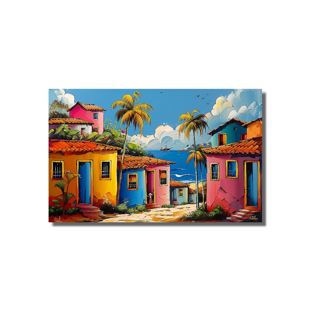 Quadros Decorativos Paisagem Tropical Cores Vivas Casas Rústicas Mar ao Fundo Belíssimas Obras de Arte Tela 80x50