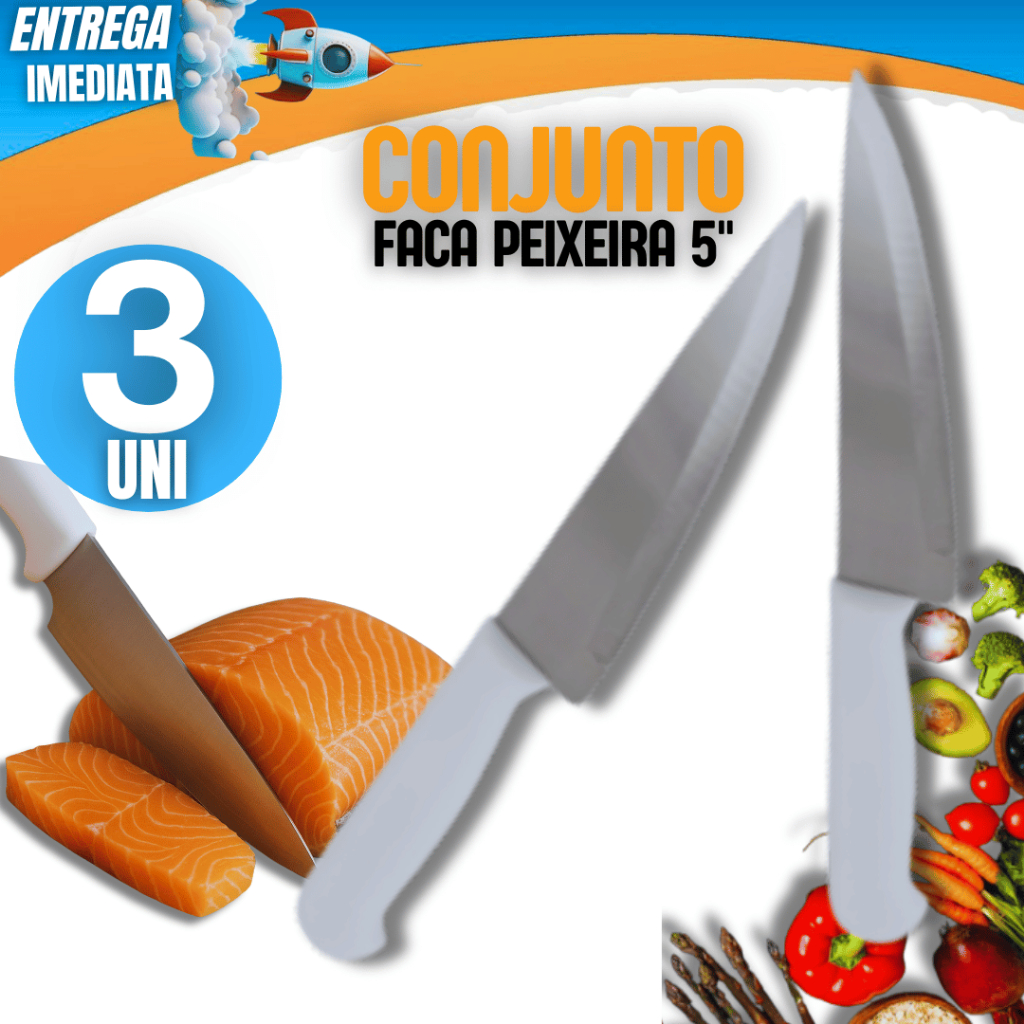 3 Facas Inox Peixeira Cozinha 5" Polegadas, cabo branco, resistente Linha Premium Versátil Pratico Corte Preciso Casa