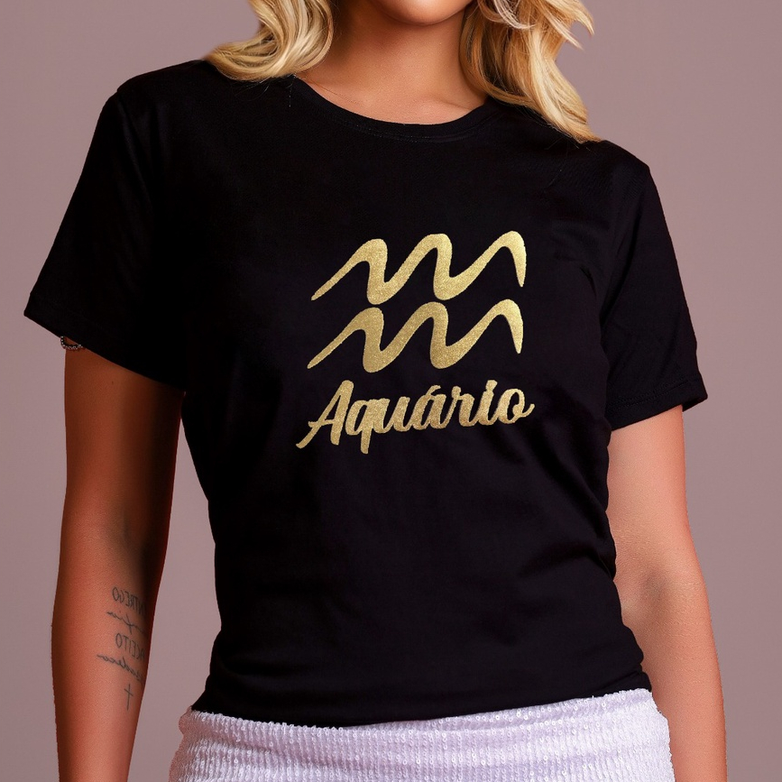 Imagem Tshirts Blusa Feminina Estilosa Signo Algodão com aplicação - Aquário