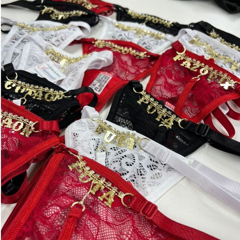 Tanga Renda com Nomes Frases Sensuais com Regulagem Fio Joinha Personalizada