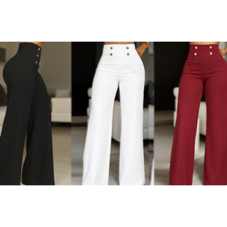 Calça Pantalona Promoção mais Vendida Cintura Alta Plus Boca de Sino Larga Botões Lycra Tecido Grosso Disfarça Celulite em Oferta na Shopee