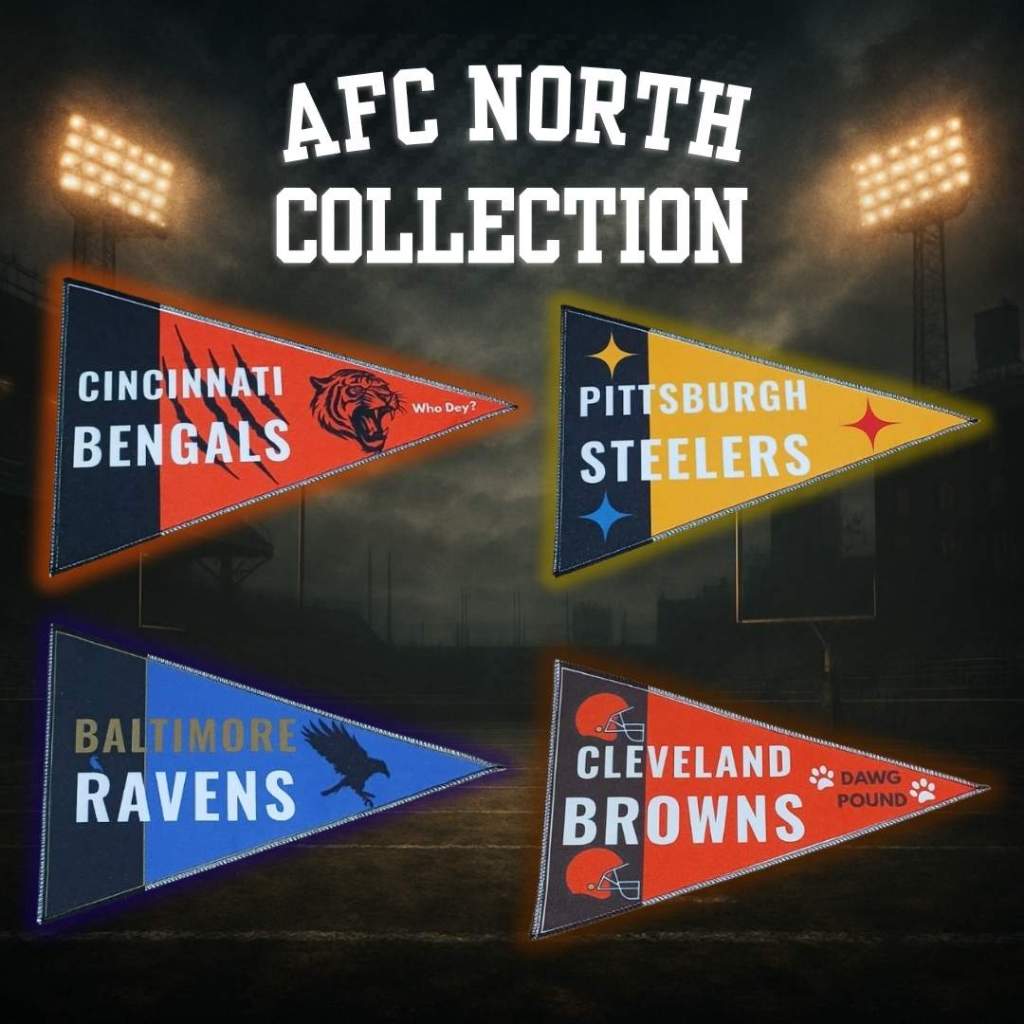 Kit 4 Flâmulas Decorativas NFL – AFC North | Steelers, Ravens, Bengals, Browns | 20x30cm