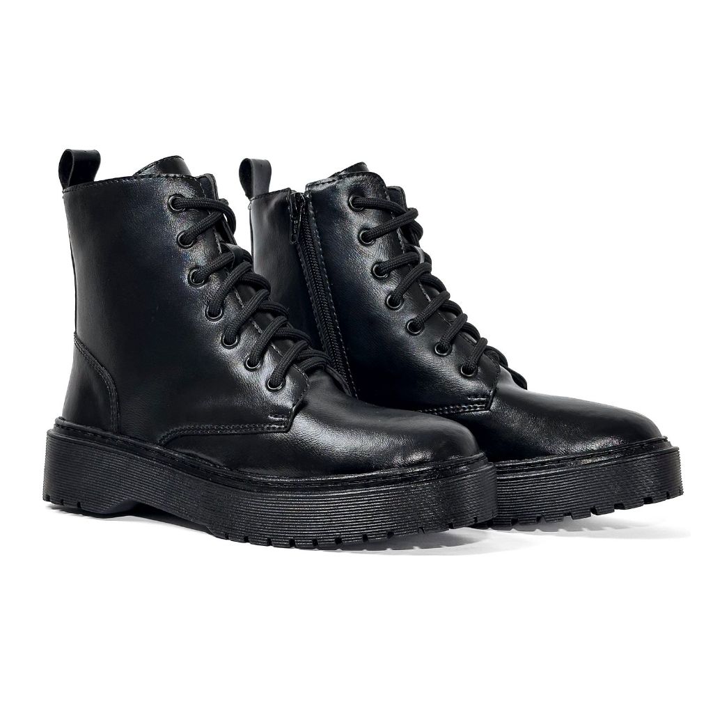 Coturno Casual Preto Feminino Solado Tratorado Cano Médio Zíper Lateral Acabamento Premium
