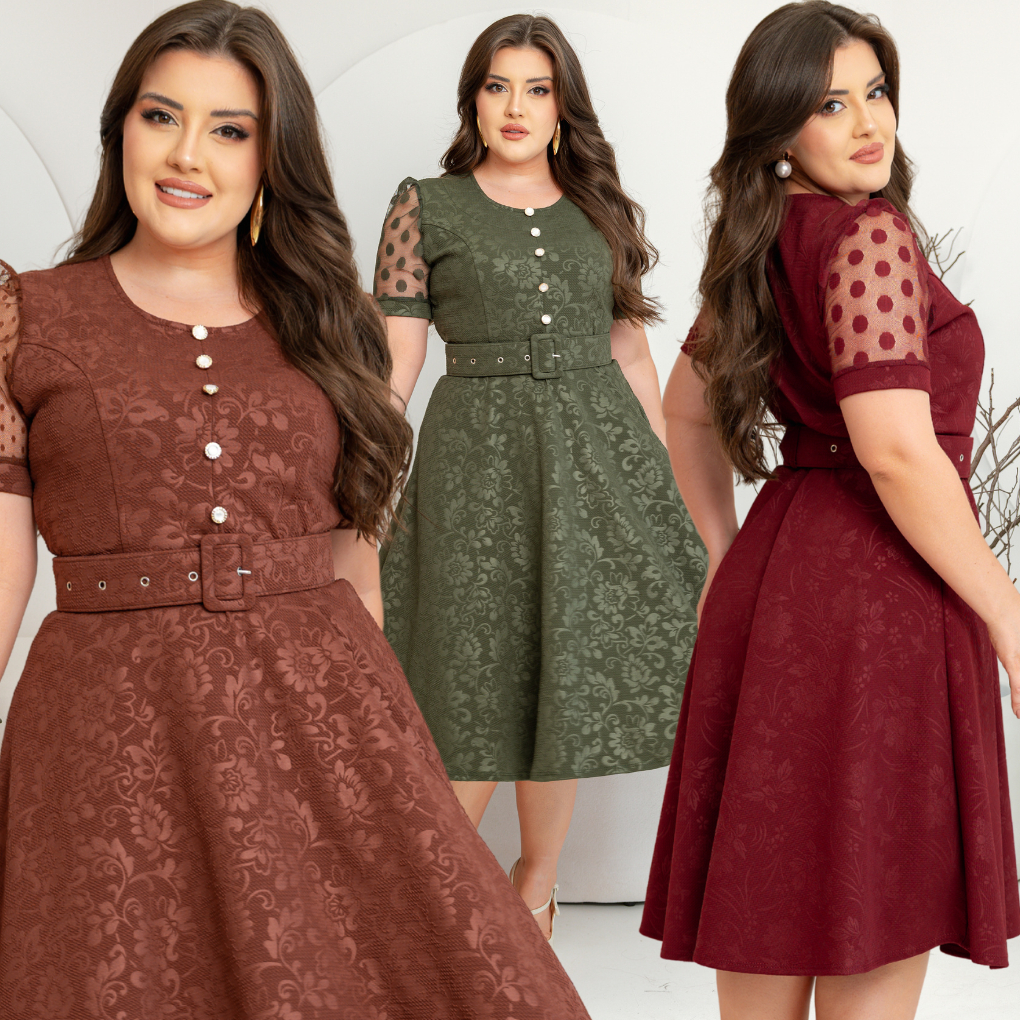 VESTIDO COM CINTO MANGA CURTA TULE DECOTE REDONDO SAIA RODADA