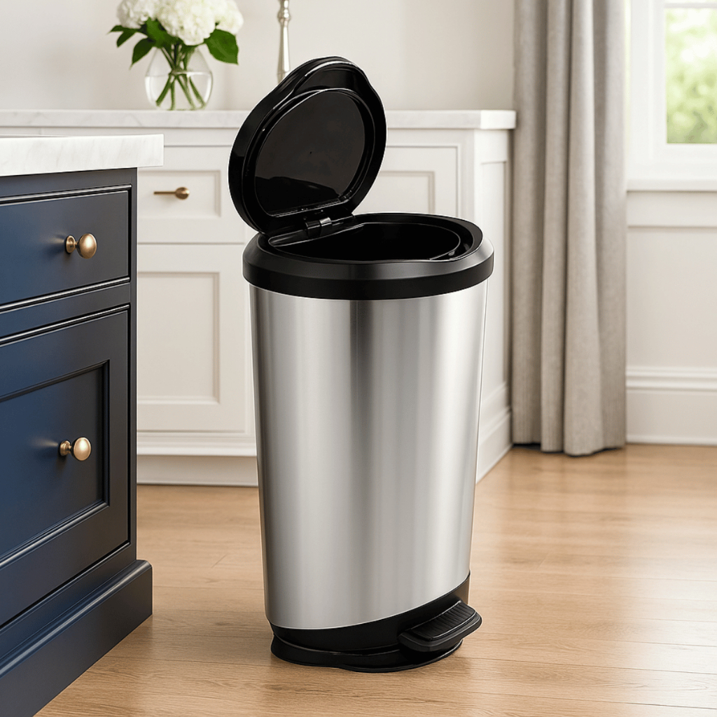 Lixeira 45L Label Inox Pedal Borda Trava - ARQPLAST / Limpeza / Cozinha / Banheiro / Escritório