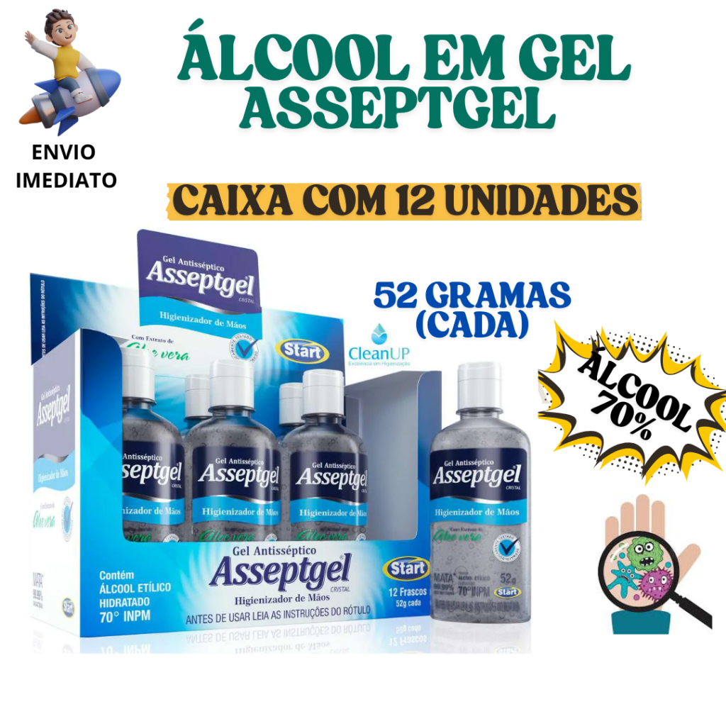 Alcool em Gel Antisséptico 52gr para Mãos Bolsa e Bolso Praticidade Higiene 12 Frascos Atacado