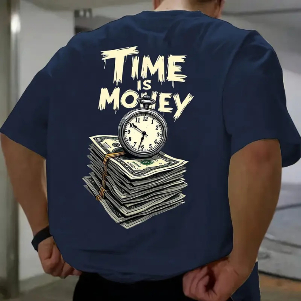 Camiseta Masculina 100% Algodão "Time Is Money" Desenho Dinheiro Relógio Camisa Estampada Estilo Streatwear Casual