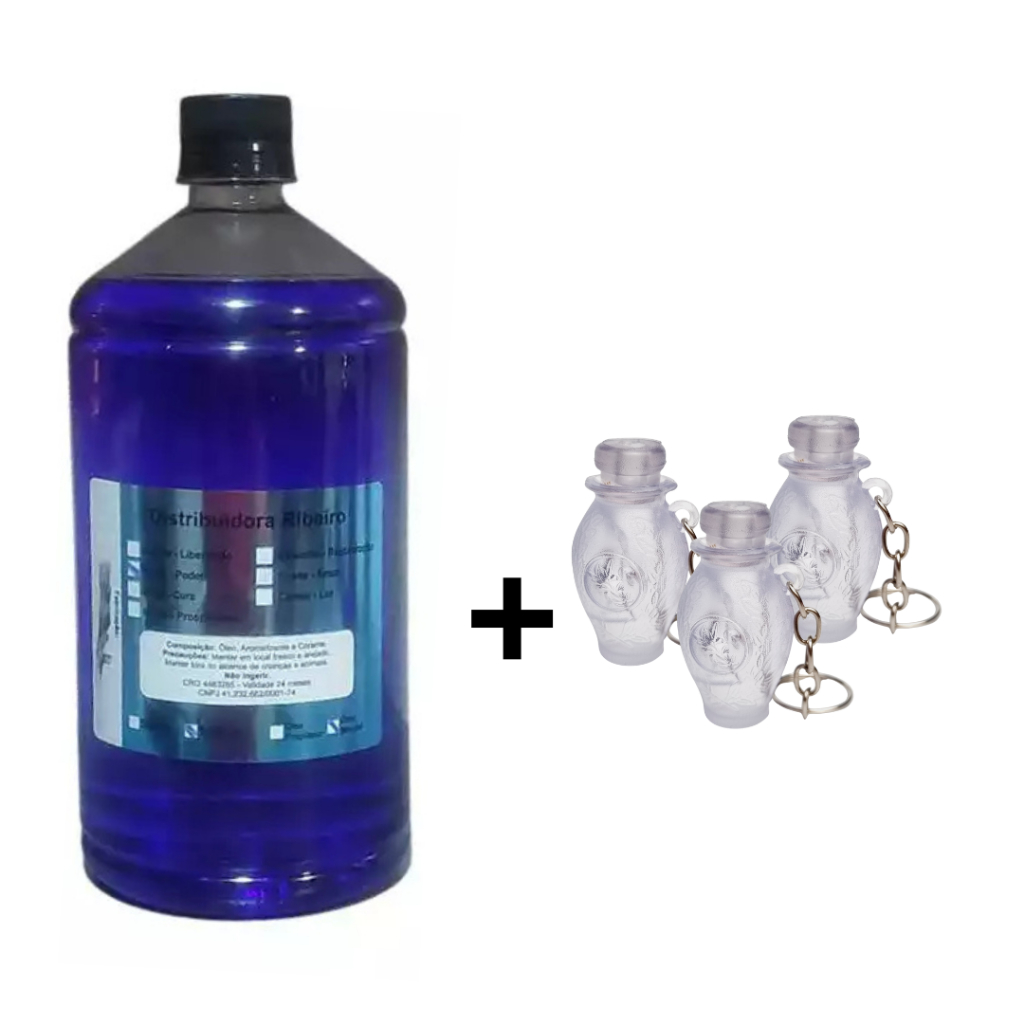 Kit 1 litro Óleo de unção + 50 chaveiros botija porta óleo de unção cores variadas.