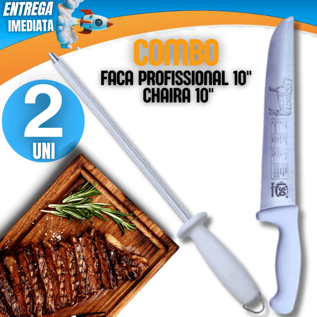 Jogo Kit 02 Unidades 1 Chaira 10" polegadas 1 Faca Profissional 10" polegadas Carne Churrasco Variáveis Utilidades Inox